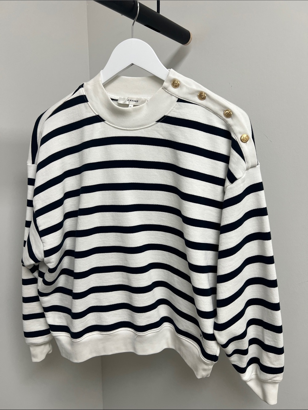 Frame Denim Navy and White Striped Button-Shoulder Sweater